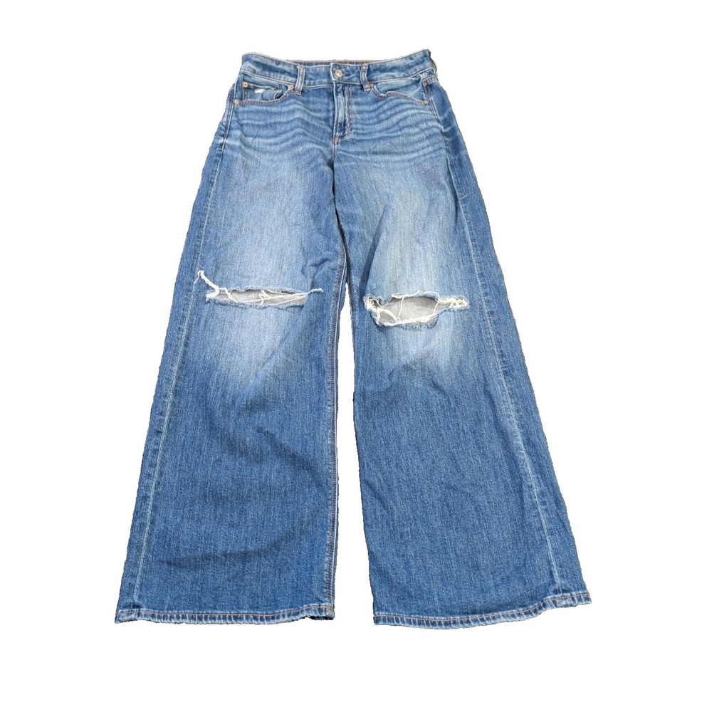 American Eagle Super High Rise Baggy Wide Leg Jeans Womens 6 Distressed Grunge